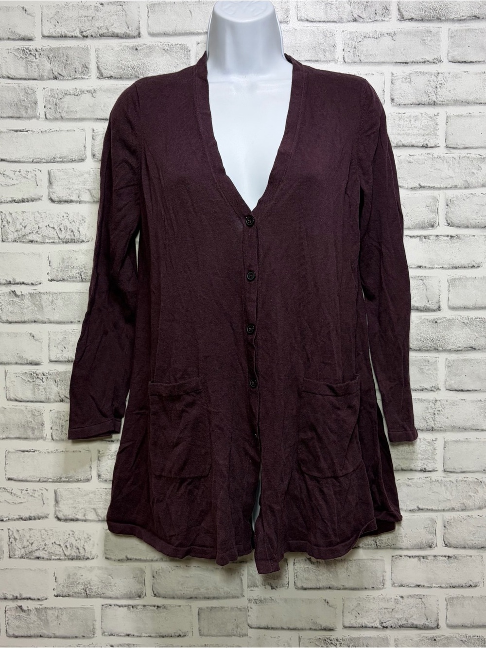 J.Jill Women’s Petite Long Button Cardigan Sweater - Deep Plum Medium Petite